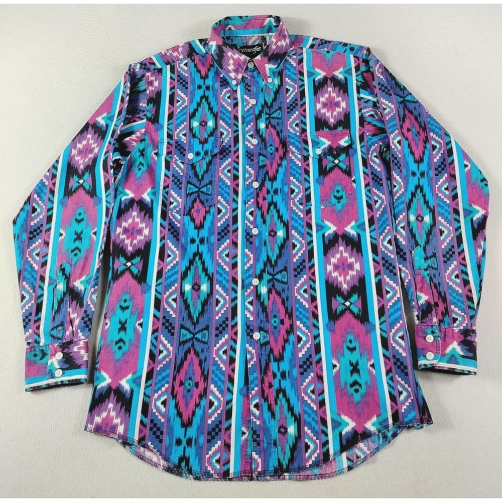 Vintage Wrangler Brushpopper Mens 15.5-33 Multicolor Aztec Western Cowboy Rodeo